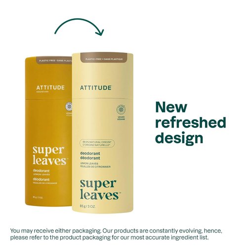 ATTITUDE Plastic-Free Deodorant, EWG Verified, Aluminum Free, Vegan Naturally Sourced Body Deodorants for Women & Men, Dermatologically Tested, Lemon Leaves, 3 Ounces