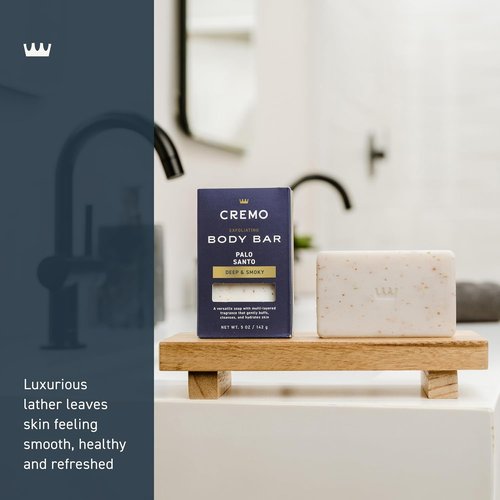Cremo Exfoliating Body Bar for Men - Palo Santo Scent | Buffs, Cleanses & Hydrates Skin, 5oz