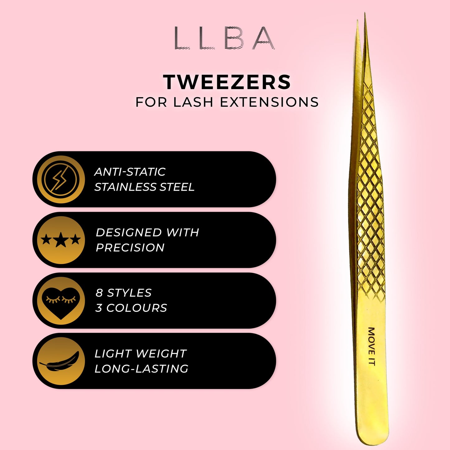LLBA Lash Tweezer Professional Volume False Lash Application Tool | Multi Shapes & Purposes Tweezers | Non-Slip Grip Tweezers for Volume, Isolation & Classic Lashes (Gold, Move It Classic)