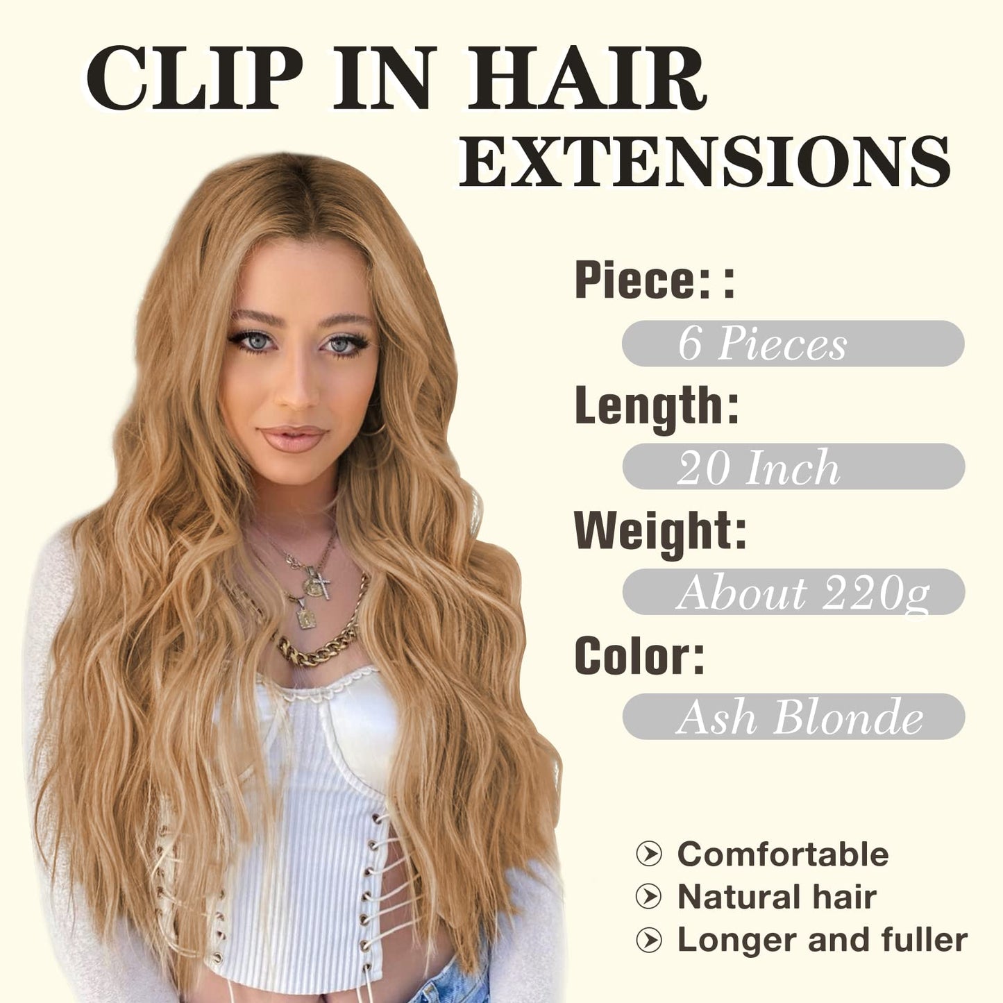 NAYOO Clip in Hair Extensions for Women 20 Inch Long Wavy curly Ash Blonde Hair Extension Full Head Synthetic Hair Extension Hairpieces (6PCS, Ash Blonde)