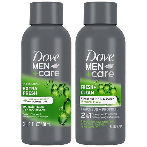 Dove Men+Care Travel Essentials Bundle - Extra Fresh Body & Face Wash & Fresh + Clean 2-in-1 Shampoo, 3 Oz Each