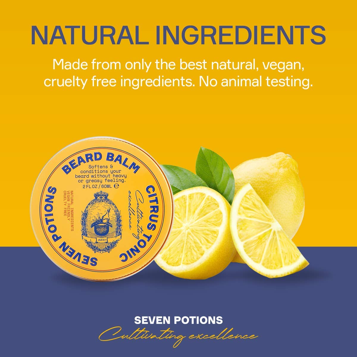 Seven Potions Beard Balm - All-Natural Conditioning Softener for Men | Nourishes Skin & Facial Hair - Citrus Tonic (2 FL OZ)