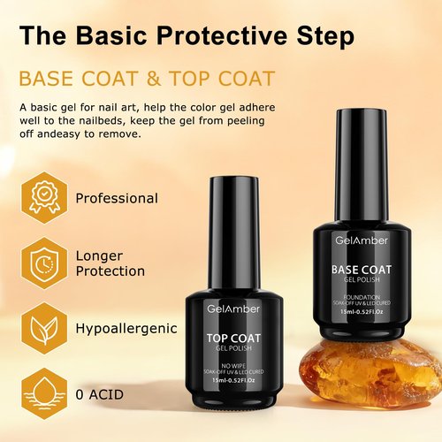 GELAMBER 2Pcs 15ml Gel Top Coat and Gel Base Coat, No Wipe Top and Base Gel Polish Kit, High Glossy Shine Long Lasting Soak Off Nail Art for Home DIY and Professional Manicure Gift