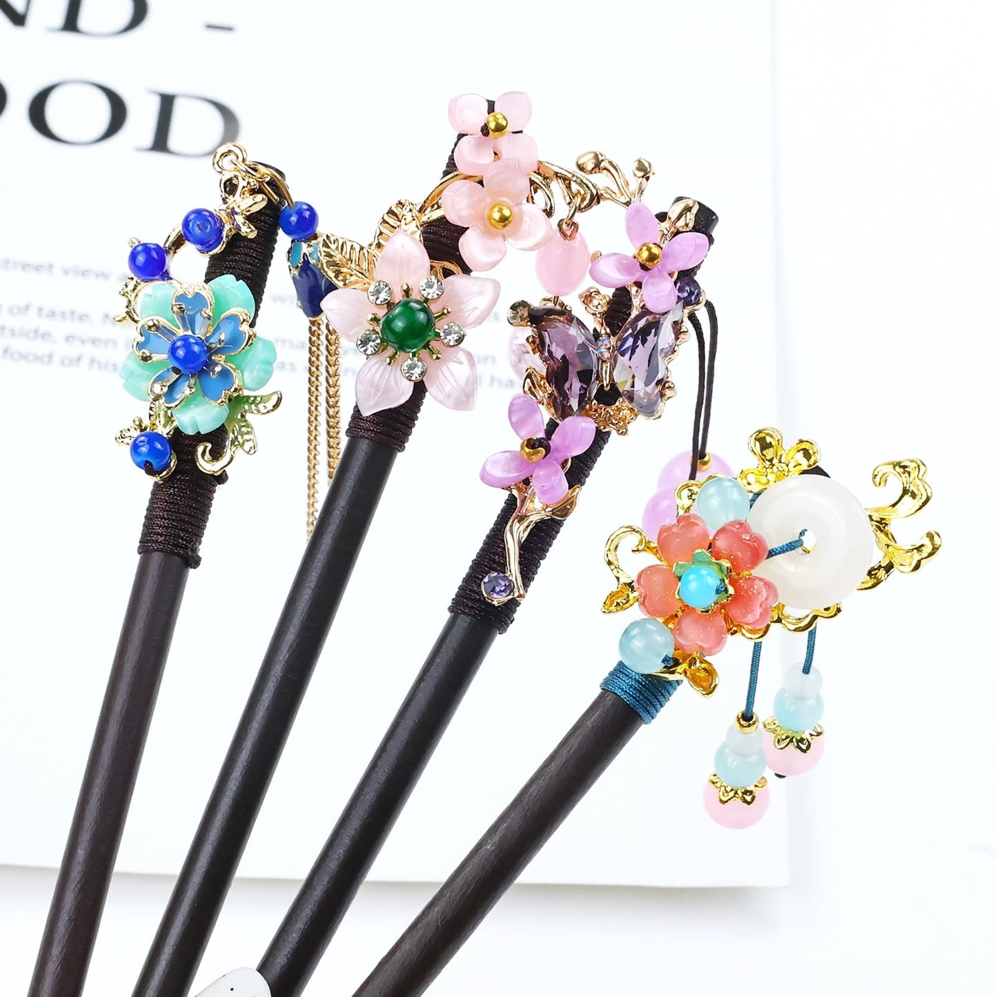 inSowni 8 Pieces Retro Asian Chinese Traditional Hanfu Flower Butterfly Wooden Hair Sticks Pins with Bead Pendants Hair Forks Chopsticks Bun Updo Holders for Women Girls