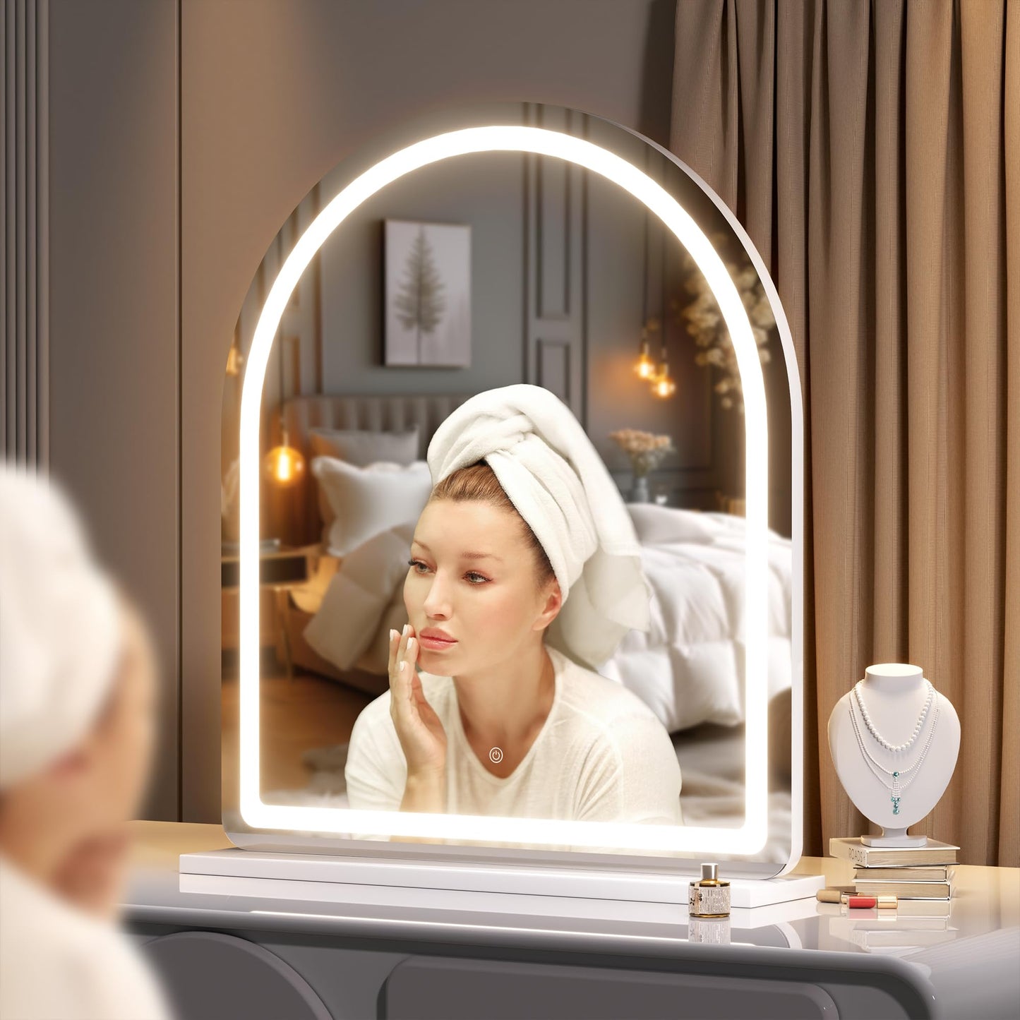Hasipu Vanity Mirror with Lights, 26"× 30" Arched LED Makeup Mirror, Lighted Desktop Makeup Mirror with Lights, Smart Touch Control Dimmable 3 Modes Light White