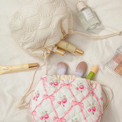 3pcs Large Cotton Quilted Makeup Bag Set,Coquette Aesthetic Cute Travel Toiletry Bag,Drawstring Gift Bag for Women and Girls(3Pcs Pink Bow)