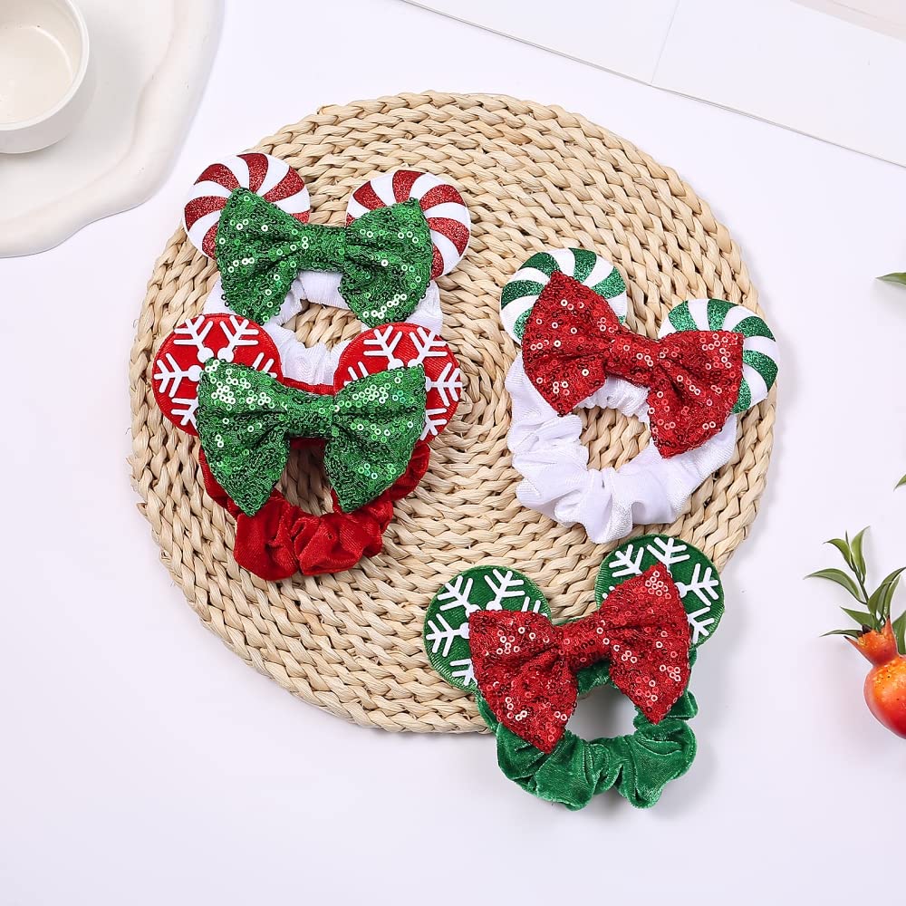 JIAHANG Christmas Velvet Mouse Ear Hair Scrunchies Lollipop Sequins Bow Ponytail Holder Festival Costume Hair Accessories for Women Girls (christmas set)