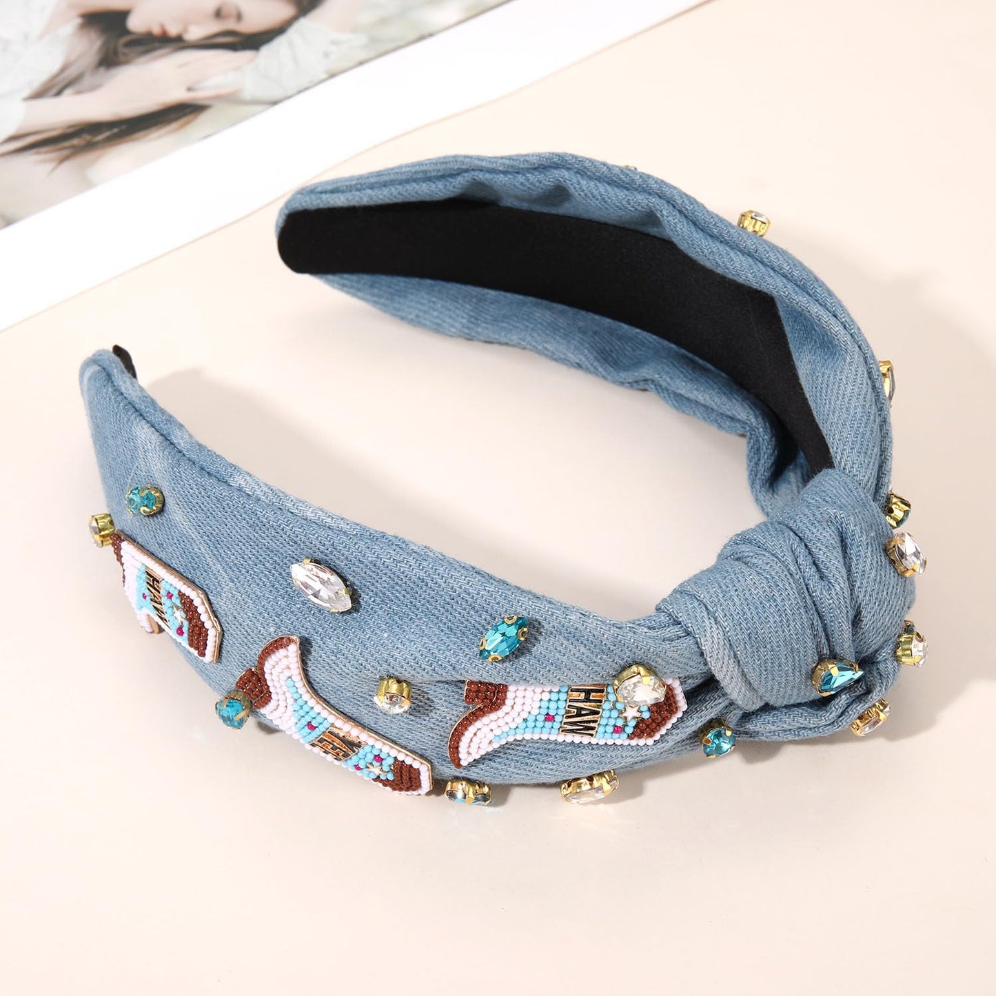 Western Cowgirl Headband Accessories for Women Cowgirl Cowboy Boot Embellished Headband Rhinestone Crystal Pearl Top Knot Headband Rodeo Nashville Bachelorette Party Country Concert Outfit (Blue)