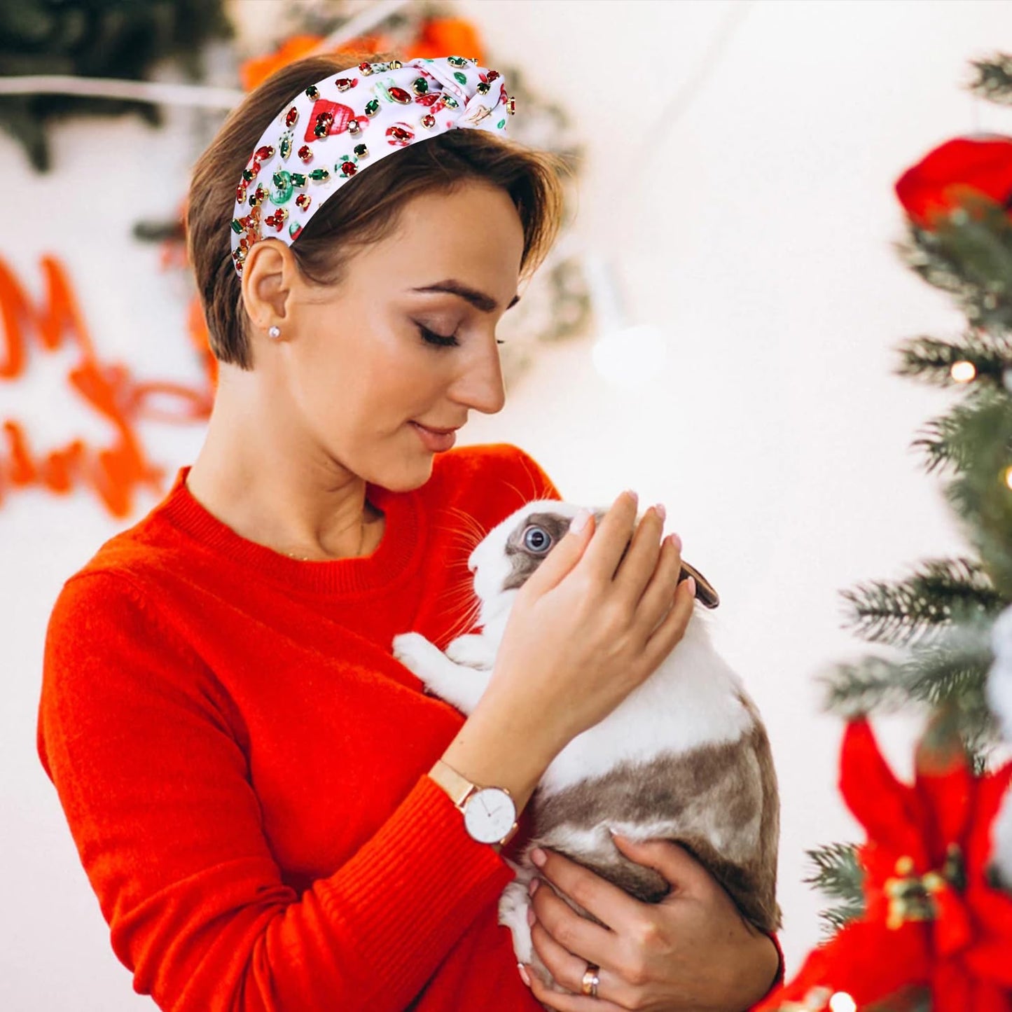 FAERLIIRY Crystal Embellished Knotted Headbands - Wide Top Knot Holiday Hairband With Rhinestone Hair Accessories (Christmas-White)