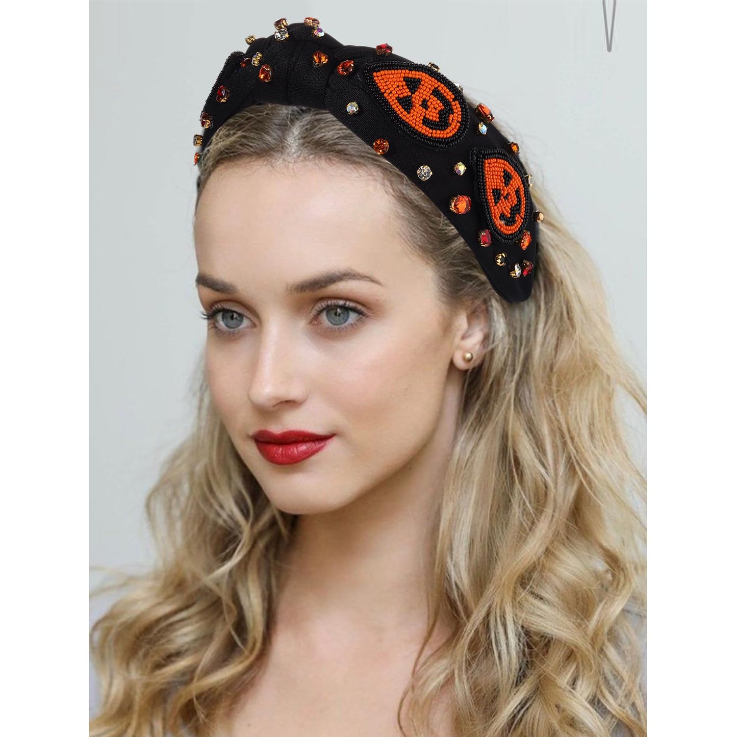 JERTOCLE Halloween Knotted Headband for Women Crystal Pumpkin Candy Corn Houndstooth Hairband Halloween Hair Accessories Gift