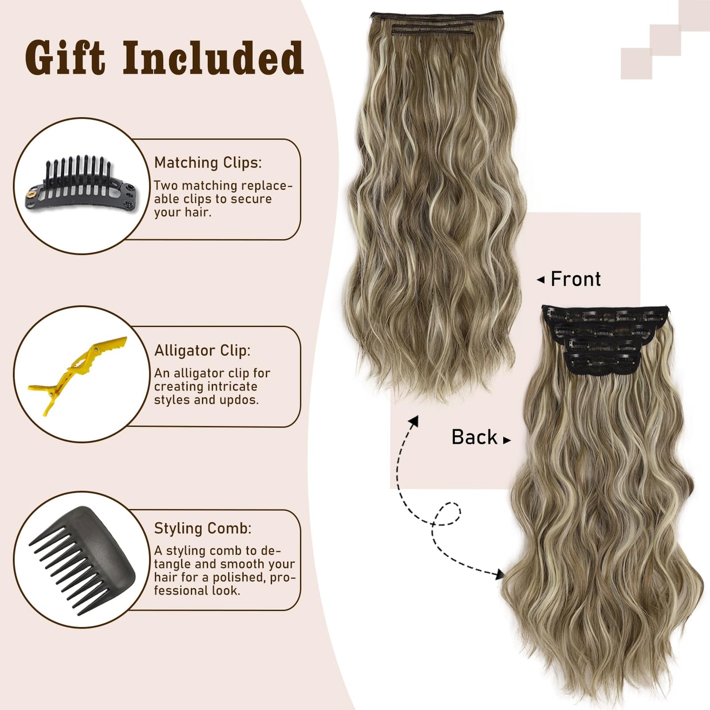 QGZ Clip in Hair Extensions for Women 4 PCS Set of Thick, Synthetic Long Wavy Hairpieces 20 Inch Light Brown mix Natural Blonde