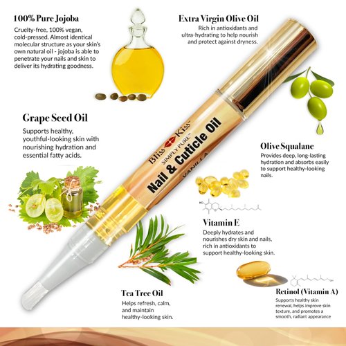 Bliss Kiss | 1 Vanilla Fragrance | Nail Oil Cuticle Pen w/Vitamin E & Jojoba⏤Nail Strengthener Nail Growth Serum for Brittle Peeling Breaking Thin Nails
