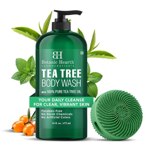 Botanic Hearth Tea Tree Body Wash - Infused with 100% Pure Tea Tree Oil & Coconut | Includes Dual-Sided Brush | 16 fl oz