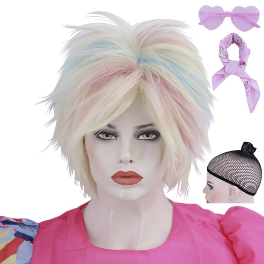 Cfalaicos Short Blonde Pink Blue Cosplay Wig for Women with Bandana and Glasses Spiky Colorful Cosplay Wigs for Adult Halloween Movie Party (Blonde Pink Blue Mixed)