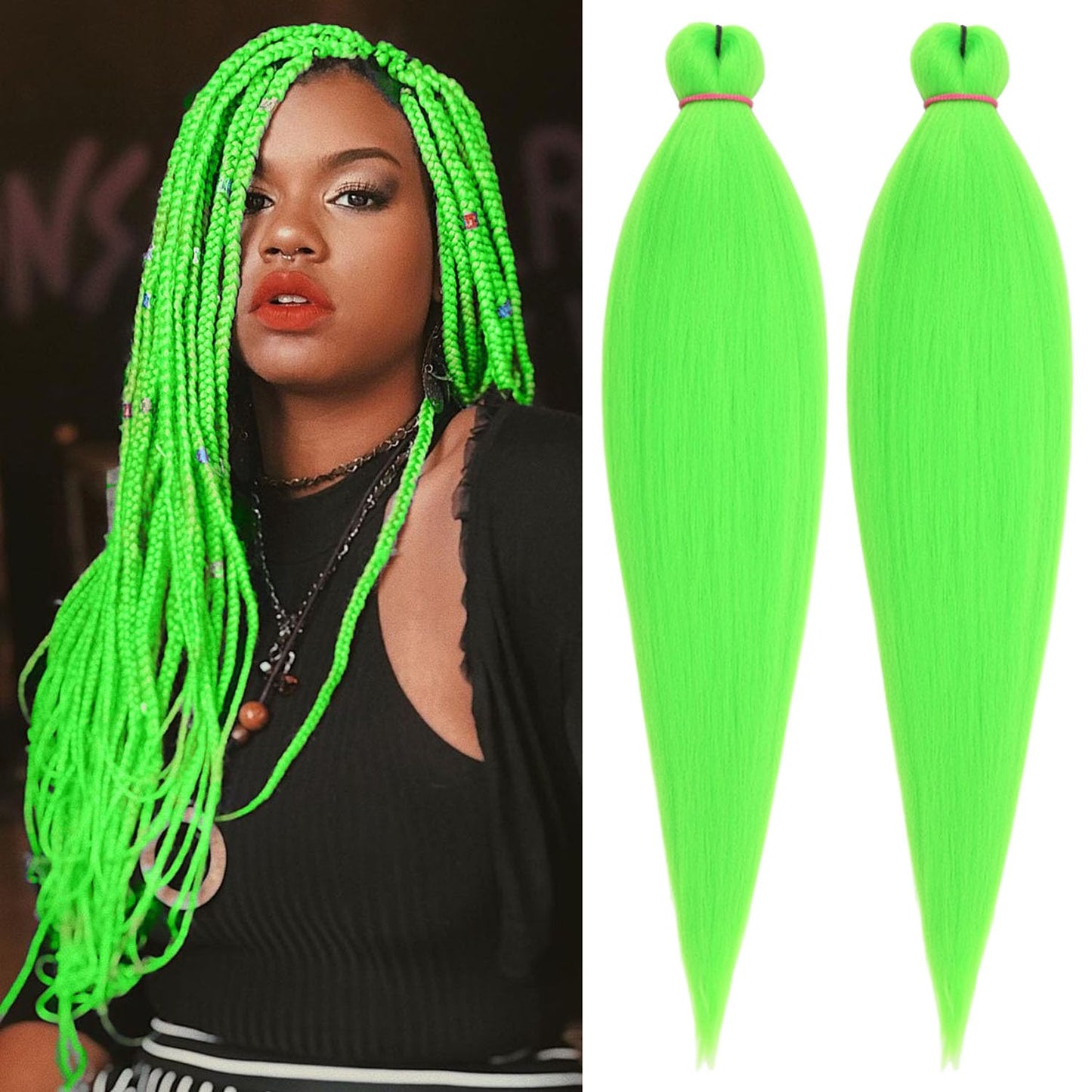 Leeven Green Braiding Hair Pre Stretched 2 Packs Kanekalon Braiding Hair Extension 26 Inch Colored Synthetic Fake Hair for Braiding (Youth Green)