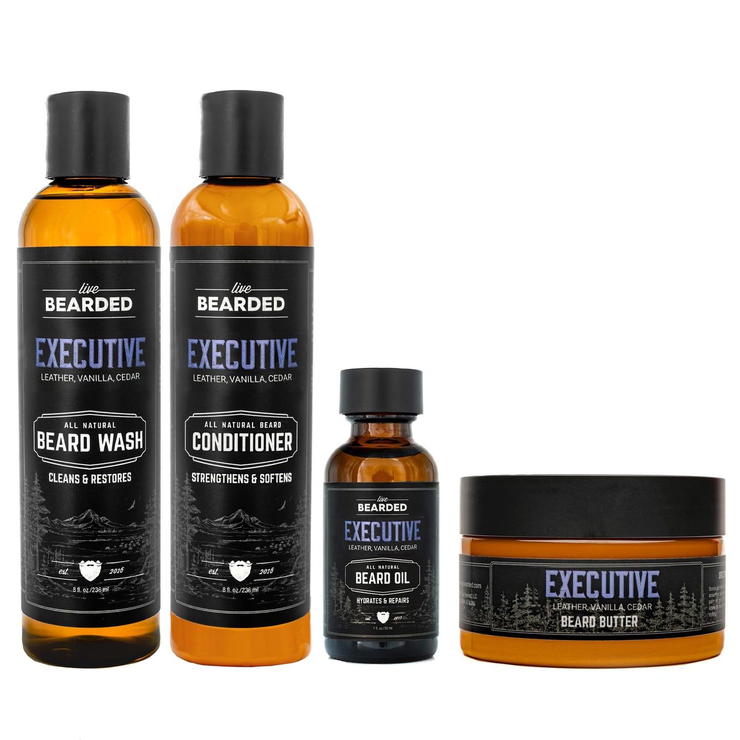 Live Bearded Complete Beard Grooming Kit - Wash, Conditioner, Butter and Oil - Made in the USA with All-Natural Ingredients - Mens Groom Set | Executive Scent - Cedar, Vanilla