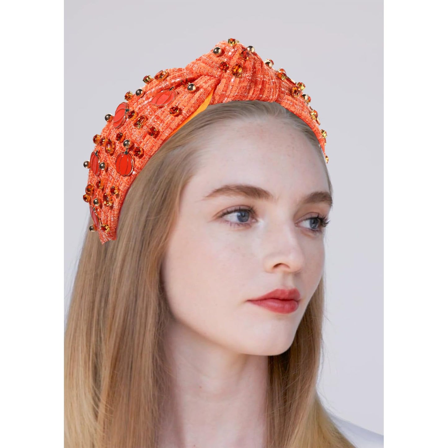 JERTOCLE Thanksgiving Headband Fall Headband for Women Enamel Pumpkin Crystal Knotted Headband Jeweled Tweed Top Knot Headband Autumn Ooutfit Accessories (Pumpkin)