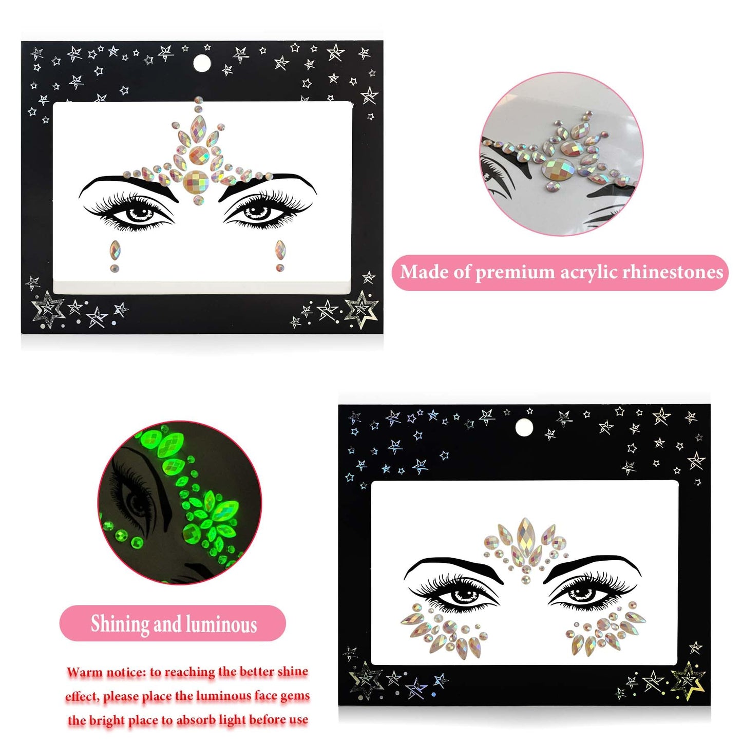 TGANNYOCR 12 Sets Noctilucent Face Jewels Mermaid Rhinestones Stick on Temporary Tattoos Body Jewel Crystal Stickers Luminous Face Gems for Rave Festival Race Carnival Party