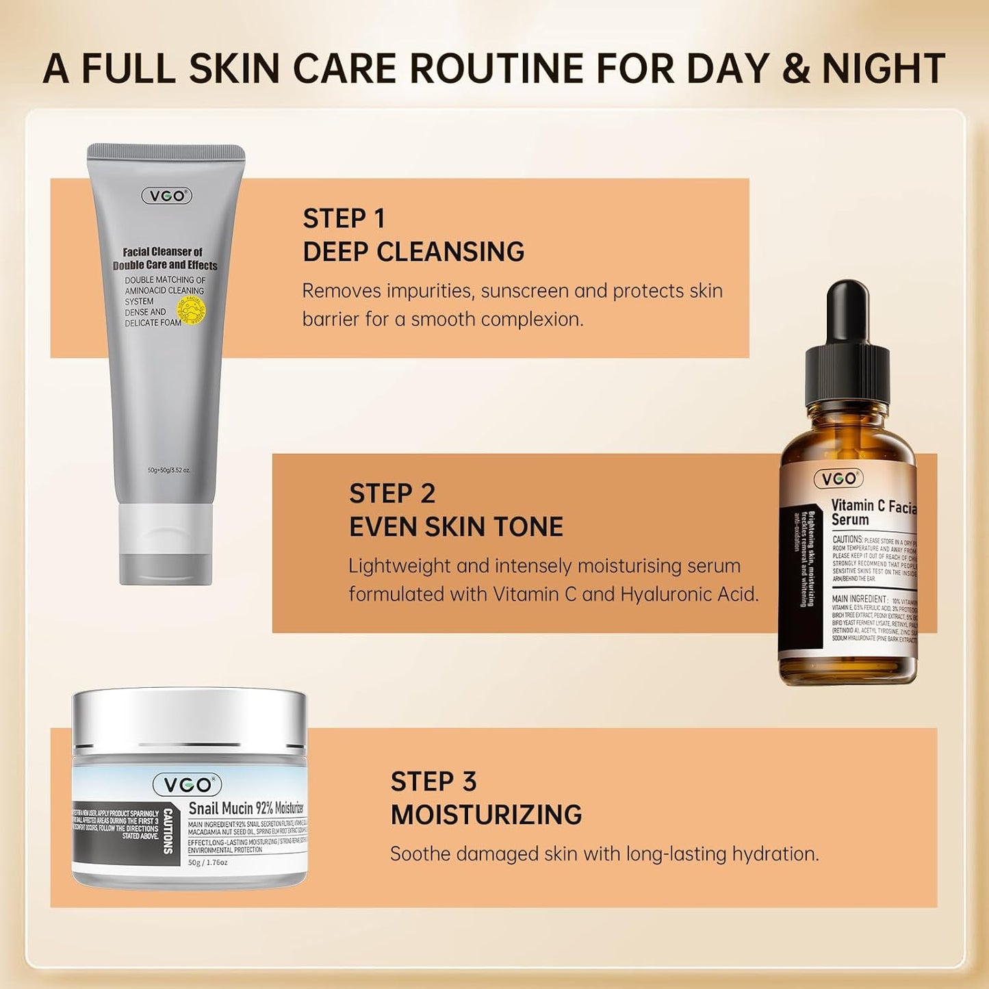 VGO Skin Care Set - Snail Mucin Moisturizer, Vitamin C Serum & Dual-Tube Cleanser | 3-Piece Daily Routine for Sensitive Skin