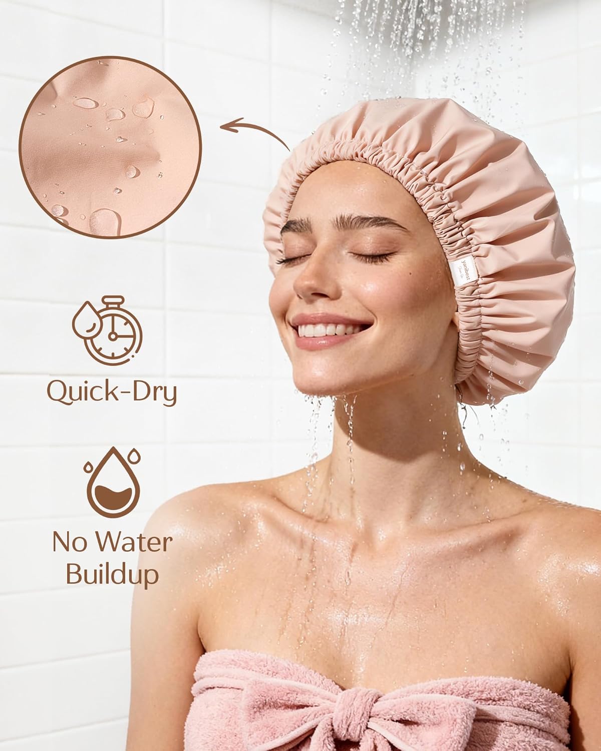 Yanibest Satin Lined Shower Cap - Reusable Waterproof Hair Protection Cap for Women | Large Peachy Pink