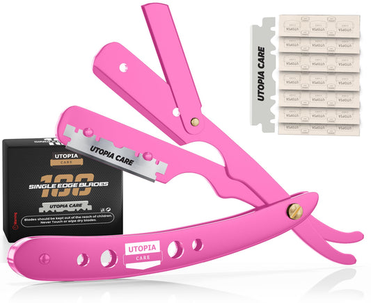 Utopia Care Professional Straight Razor for Men, Barber Straight Edge Razor Safety with 100 Pack Blades, Pink