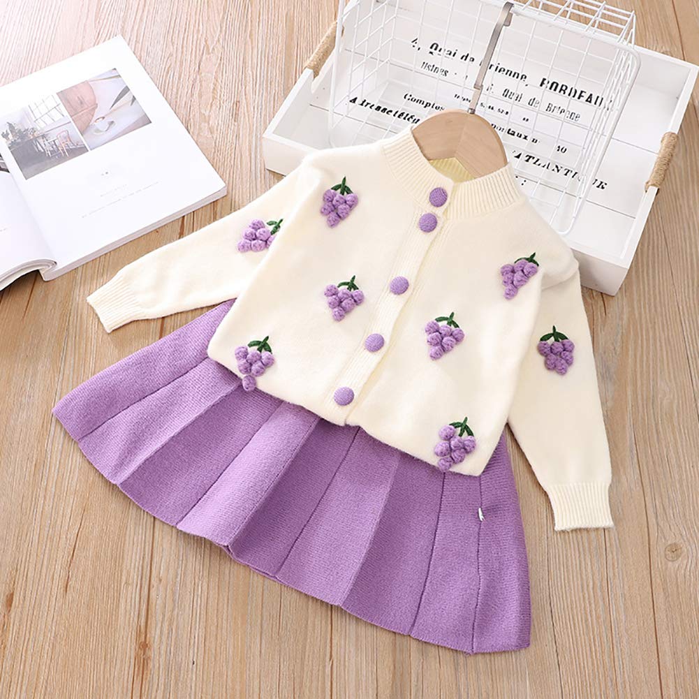 Toddler Baby Girls Autumn Winter Clothes Crochet Knitted Button up Long Sleeve Ruffle Bowknot Sweater Tops+Pleated Mini Tutu Skirt 2pcs Outfit Princess Dress up Costume for Kids Purple 4-5 Years