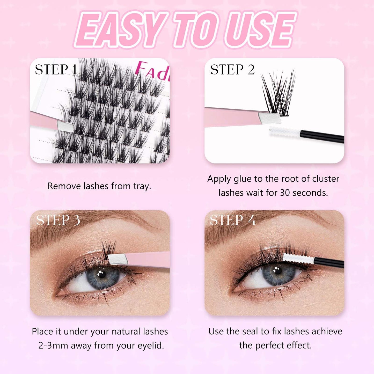 FADLASH Cat Eye DIY Lash Extension Kit Lash Clusters Kit Individual Lashes with Lash Bond and Seal Lash Tweezers Cluster Eyelash Extensions Kit Eyelash Clusters Wispy Cluster Lashes Natural (KIT T02)