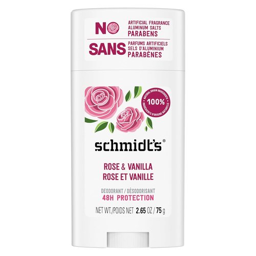 Schmidt's Vegan Deodorant - Aluminum-Free Rose & Vanilla | 24-Hour Odor Protection, 2.65 oz