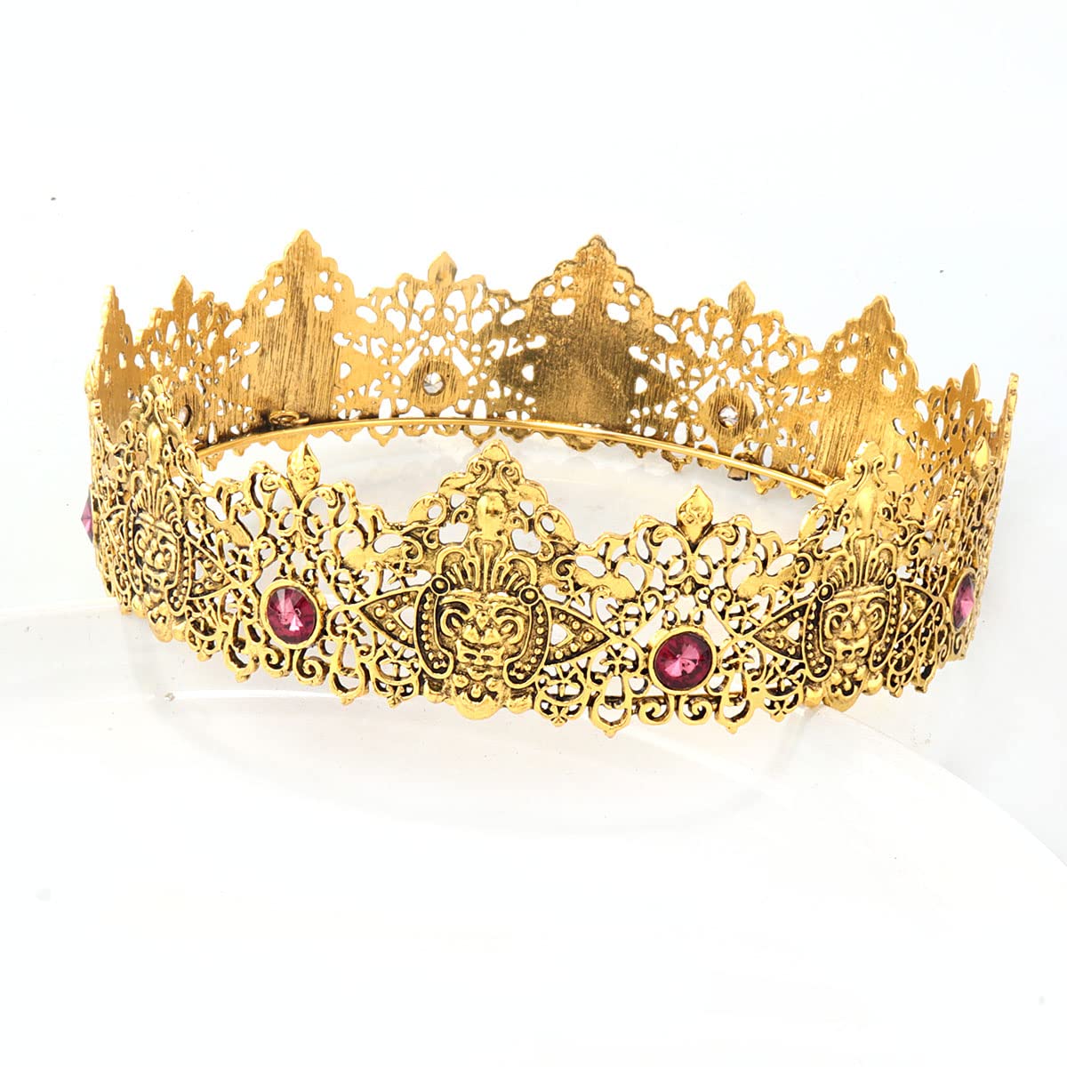 King Men Tiara Crown Imperial Medieval Headband Crystal Costumes For Birthday Party Prom Halloween Hair Accessories (Dark Gold With Wine Red Stone)