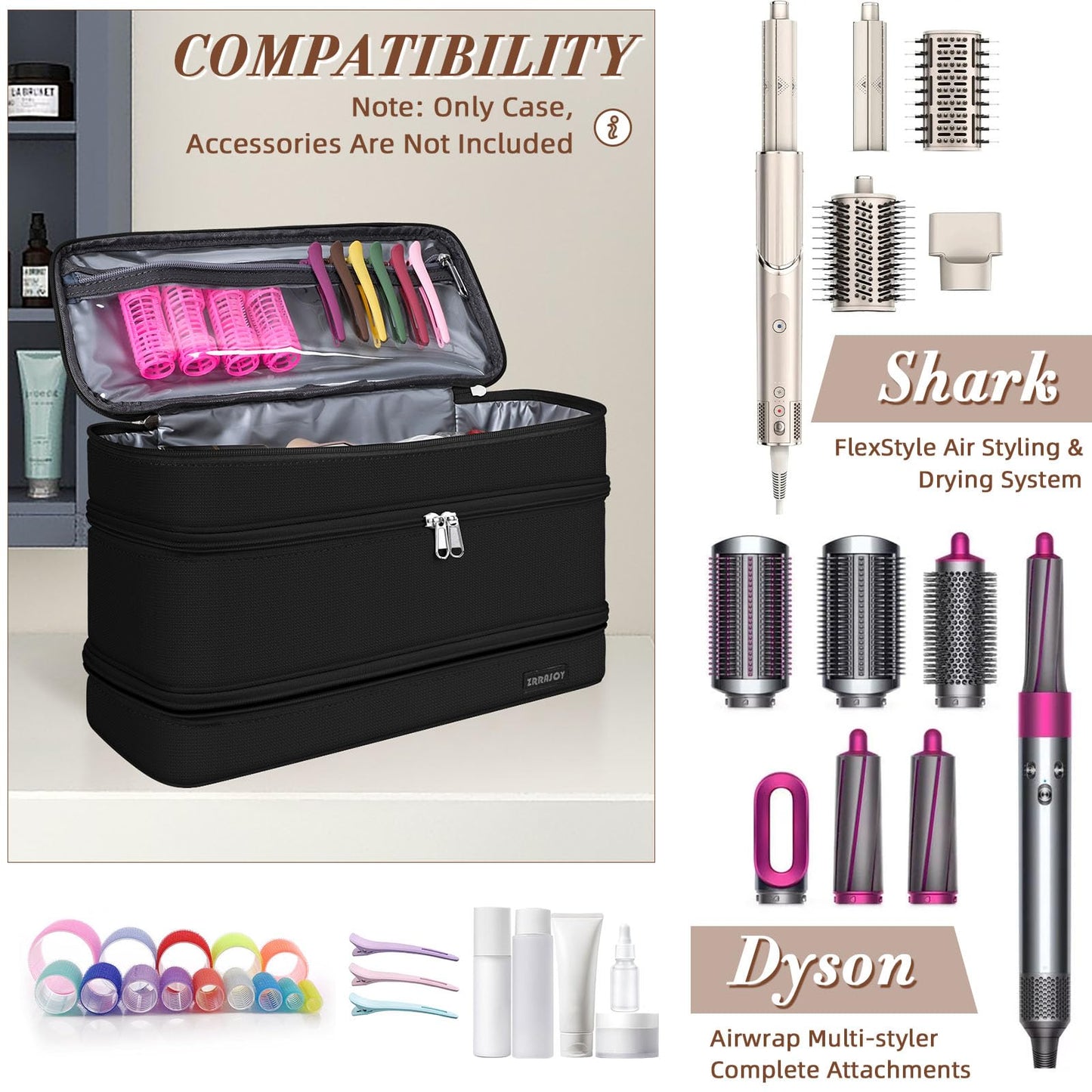 ZRRAJOY 3 Layers Storage Case For Shark Flexstyle, Travel Carrying Case For Shark 430/440 Flexstyle, Organizer Bag For Shark Flexstyle/Dyson Airwrap Styler Attachments(Black02)