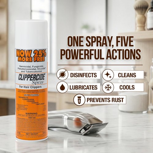 BARBICIDE Clippercide 5-in-1 Disinfectant Spray - 15oz | Cleans, Lubricates, Cools & Prevents Rust | Ideal for Barbers, Stylists & Pet Groomers