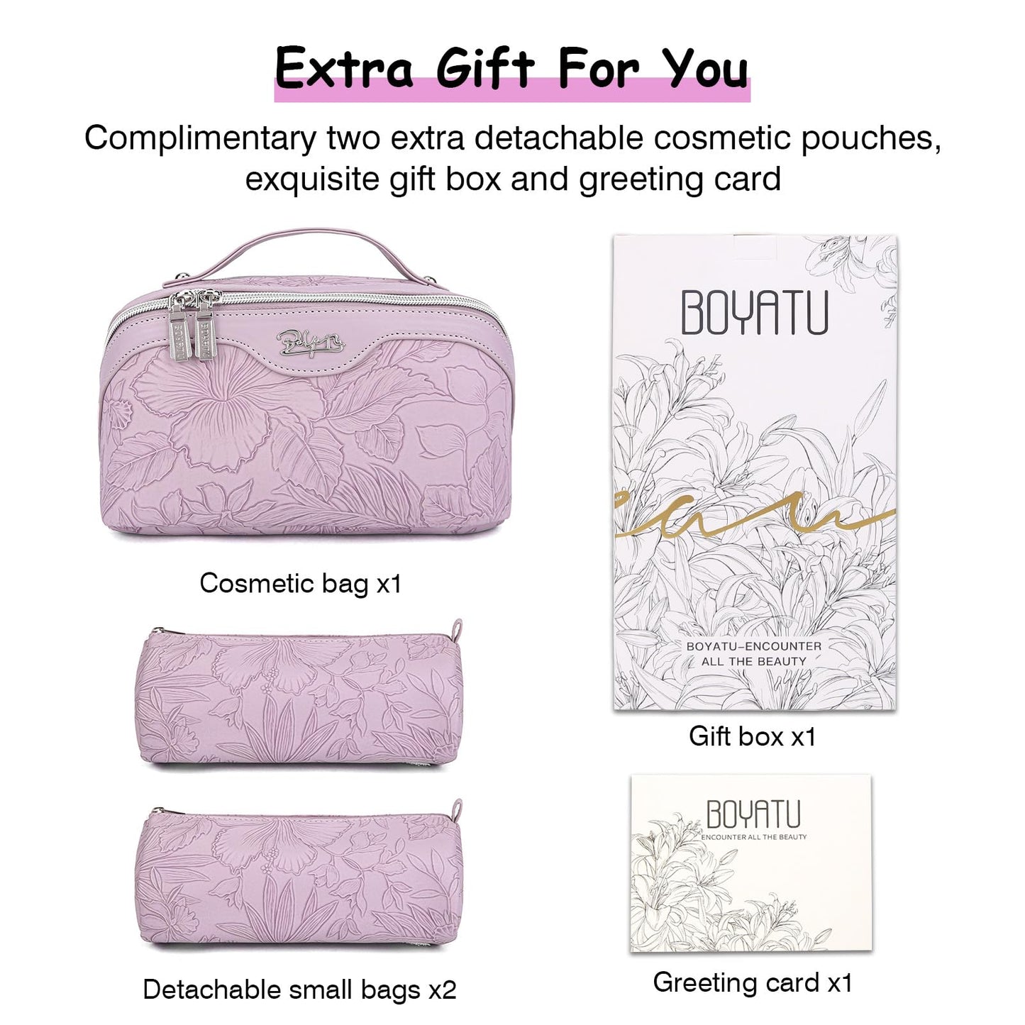 BOYATU Travel Makeup Bags Cosmetic Organizer Bag: 3-Set Large Capacity Make up Bag - PU Leather Toiletry Bags for Women - Wide Open Portable Pouch with Divider & Handle (01-Z-Light Purple)