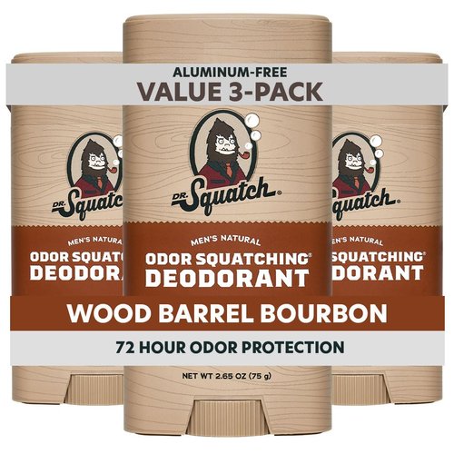 Dr. Squatch Natural Men’s Deodorant – Aluminum Free Natural Deodorant Men with Charcoal & Postbiotics for 72-Hour Odor Protection – Wood Barrel Bourbon, 2.65oz Stick (3-Pack)