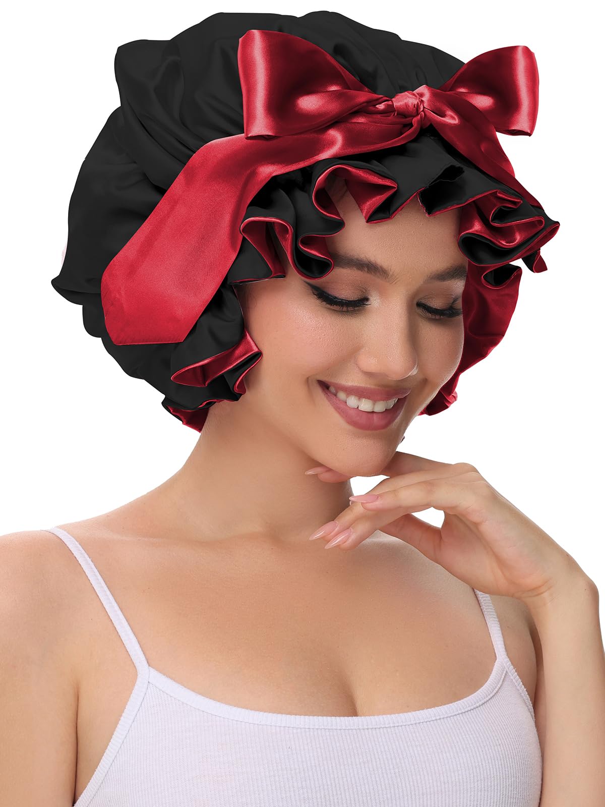 Vettres Hair Bonnet for Sleeping, Satin Silk Shower Cap Women 2025 with Tie Band and Adjustable Straps Head Wrap for Curly Hair Black F