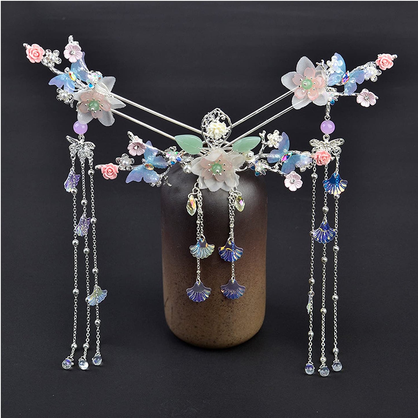 Alloy Hair Sticks Pins,female Long Tassel Hanfu Chinese Hair Comb/Earrings Set female Traditional Classical (Style A)