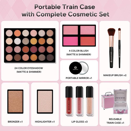Color Nymph Beginner Makeup Kit - 24-Color Eyeshadow Palette, Blush, Bronzer & Lipstick | Pink Cosmetic Case Included