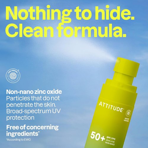 ATTITUDE Mineral Sunscreen Lotion SPF 50, Broad Spectrum Zinc Oxide, EWG Verified, Non-Nano, Water-Resistant 80 Minutes, Lightweight & Lightweight Non-Greasy for Face & Body, Vegan, Unscented, 3 Oz