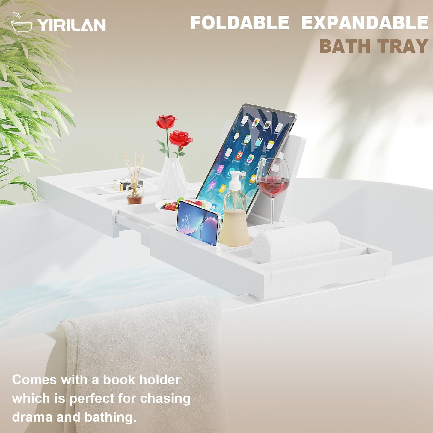Yirilan Foldable Bamboo Bathtub Tray Caddy, Bathtub Tray, Can Place Wine Glasses, Books, Mobile Phones Multifunctional Bath Tub Tray, Suitable for Gifts in Various Festivals, White
