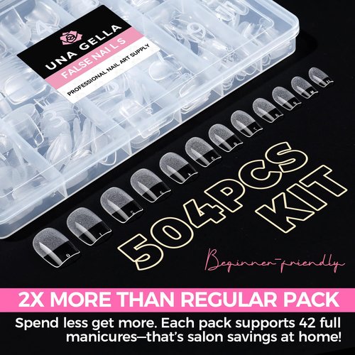 UNA GELLA Gel Nail Tips Square & Squoval Short, 504pcs Short Round Square Nail Tips Pre Etched Squoval Soft Gel Clear Fake Nails Full Cover For Nails Extension Home DIY Salon 12 Sizes