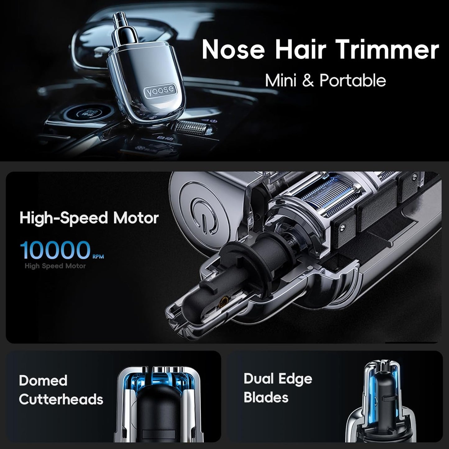 Yoose Nose Hair Trimmer - Rechargeable & Waterproof | Portable Travel Size, Easy to Clean, Silver