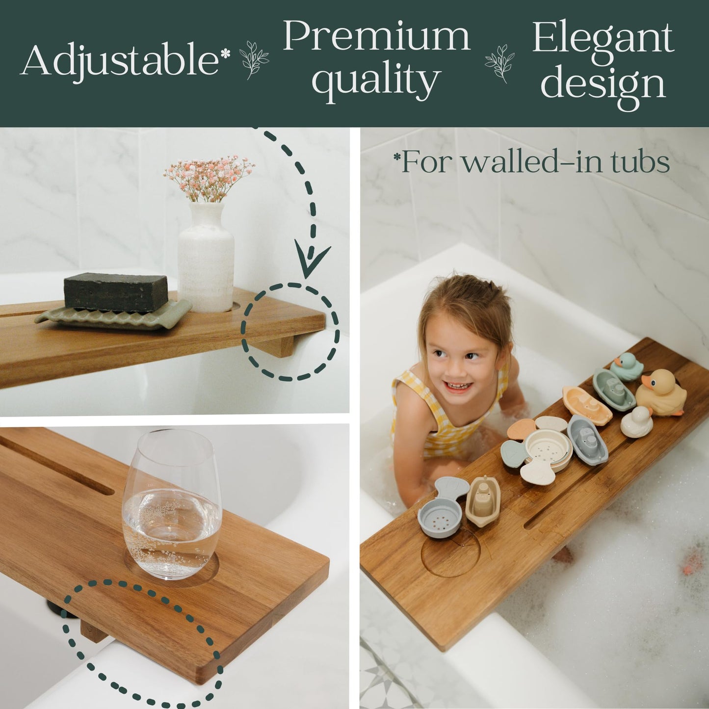 Premium Nature Shed Bathtub Tray for Standard Tubs | Solid Acacia Wood Luxury Bath Tray for Tub | Anti-Tip, Non-Toxic, Sustainable, Adjustable Bathtub Caddy | Bathroom Accessories Holders for Tub Tray
