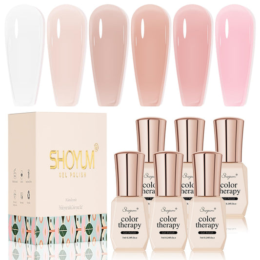 SHOYUM Nude Pink Gel Nail Polish Set | 6 Sheer Milky White Jelly Colors for All Skin Tones