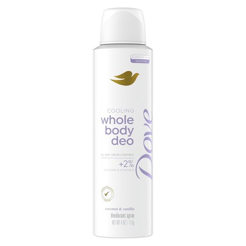 Dove Whole Body Deodorant - Aluminum-Free Coconut & Vanilla Spray for 72-Hour Odor Control | 4 oz