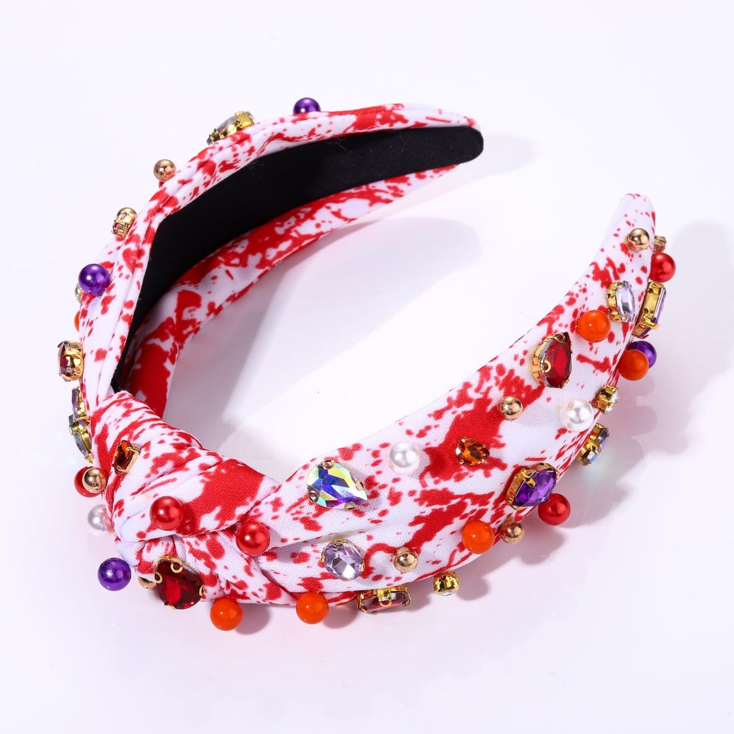 HSWE Halloween Headband Crystal Pearl Knotted Headband for Women Blood Splatter Rhinestone Jeweled Embellished Print Wide Top Knot Hairband Halloween Costume Cosplay Party Favors