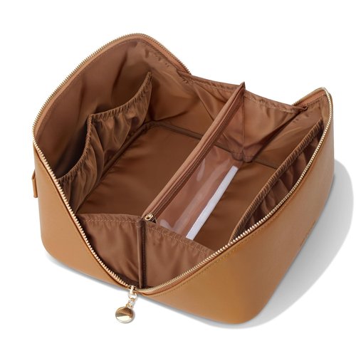 MSTONAL Travel Makeup Bag, Large Capacity Cosmetic Bags for Women, Waterproof Portable Pouch Open Flat Make up Organizer Bag with Dividers and Handle, Toiletry Bag for Essentials, Medium Size, Brown