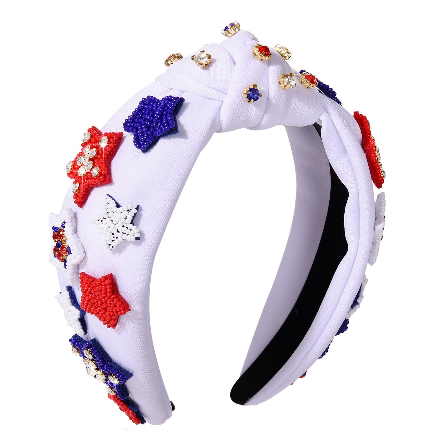 GLBCC 4th of July Knot Headband for Women Red White Blue Star Hairband Pearl Rhinestone Stars Beaded USA Patriotic Knotted Head Band Headpiece Hair Accessories (patriotic headband A)