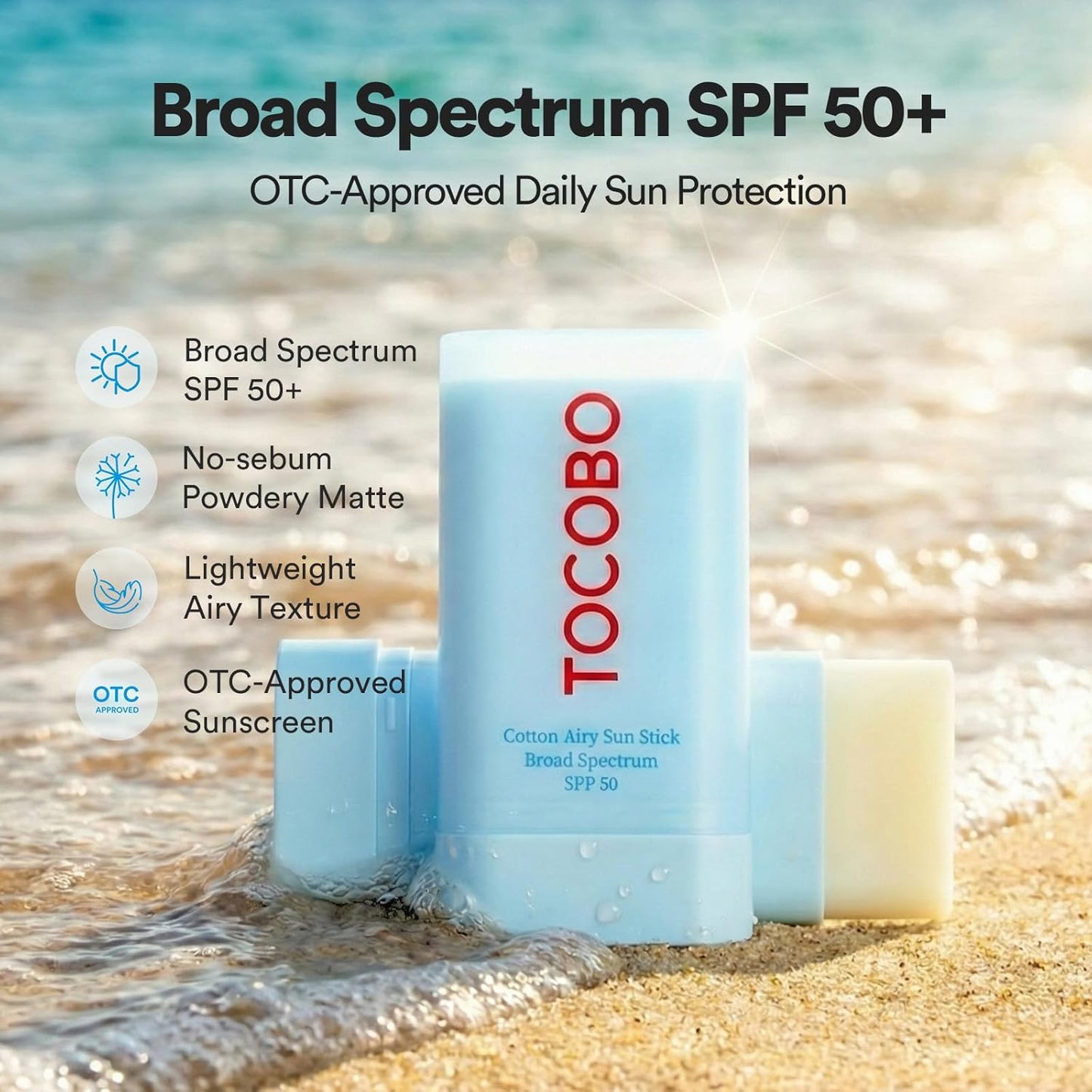 TOCOBO Cotton Airy Sun Stick - SPF 50 Broad Spectrum Matte Sunscreen for Face | Travel Size, 0.67 oz