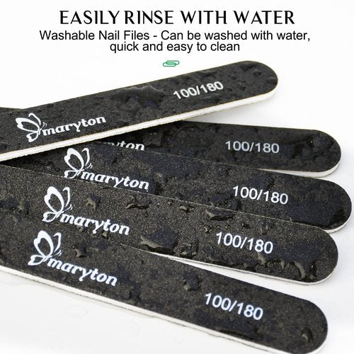 Maryton Nail File 100/180 Grit Emery Boards for Nails 12 PCS Professional Double Sided Washable Nail Files Kit for Acrylic Nails DIY Salon Use (Black)