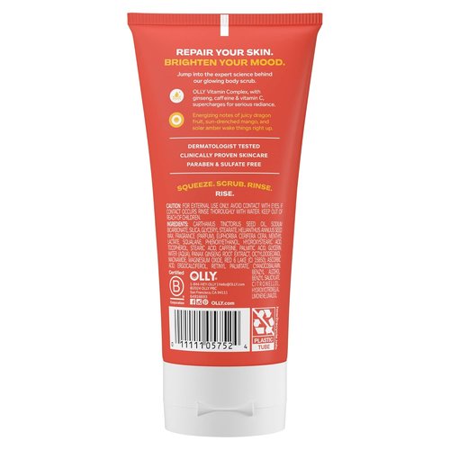 OLLY Bright Body Scrub - Nourishing Exfoliating Cleanser with Ginseng & Caffeine | Citrus Currant, 6 oz
