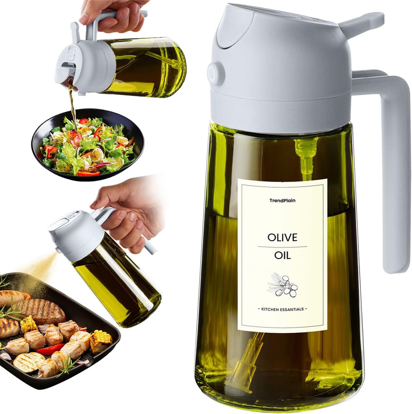 TrendPlain - Original 16oz/470ml Olive Oil Dispenser Bottle for Kitchen Gadgets and Air Fryer Accessories - Olive Oil Sprayer for Cooking w/Stickers - Ash